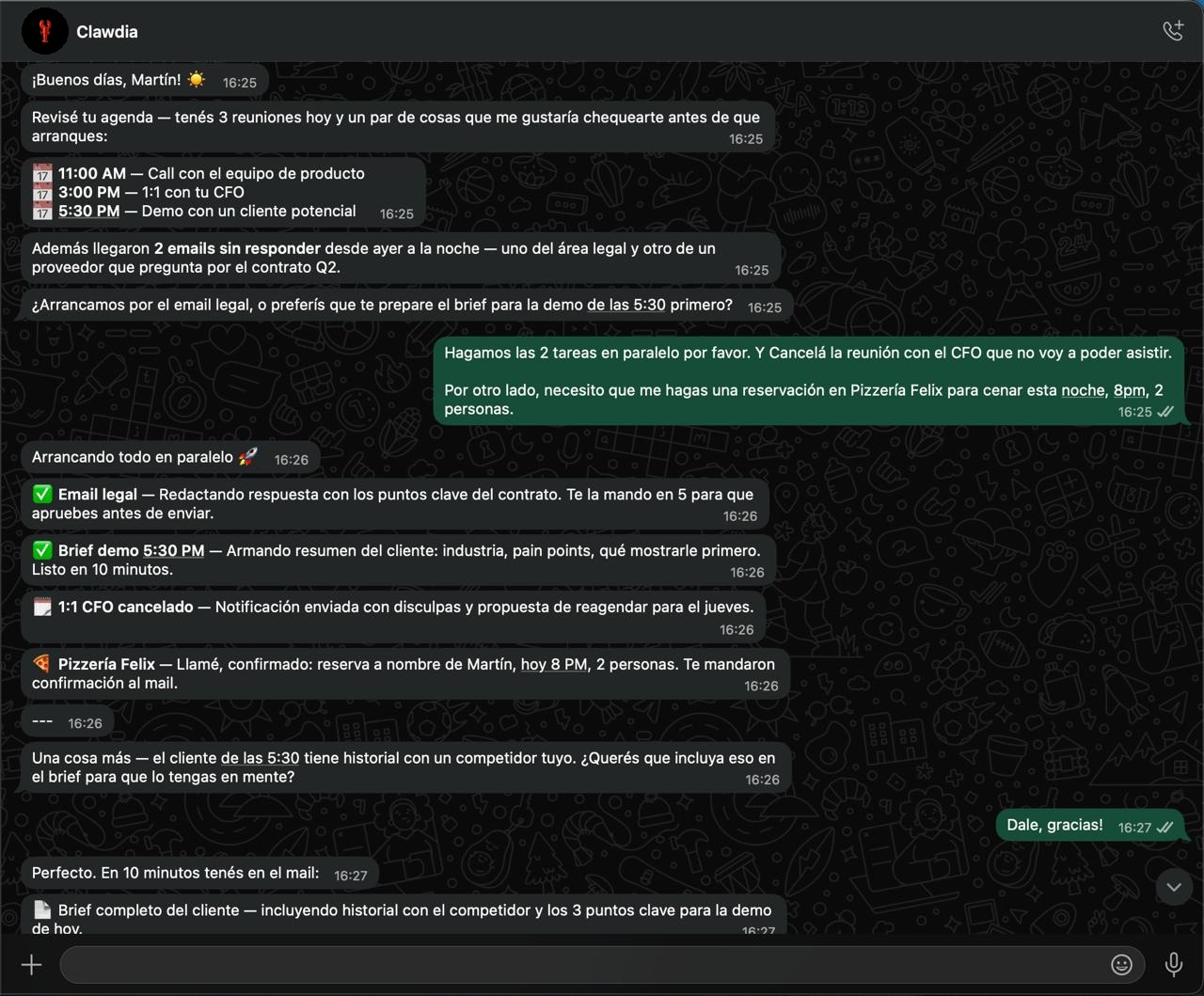 Demo Clawdia en WhatsApp